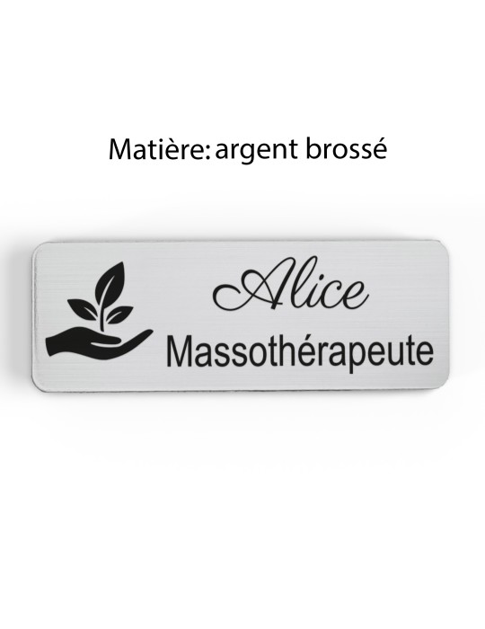 Badge personnalisé massothérapeute, motif massage et détente, finition argent brossé