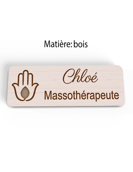 Badge personnalisé massothérapeute, motif massage et détente, version bois vue à plat