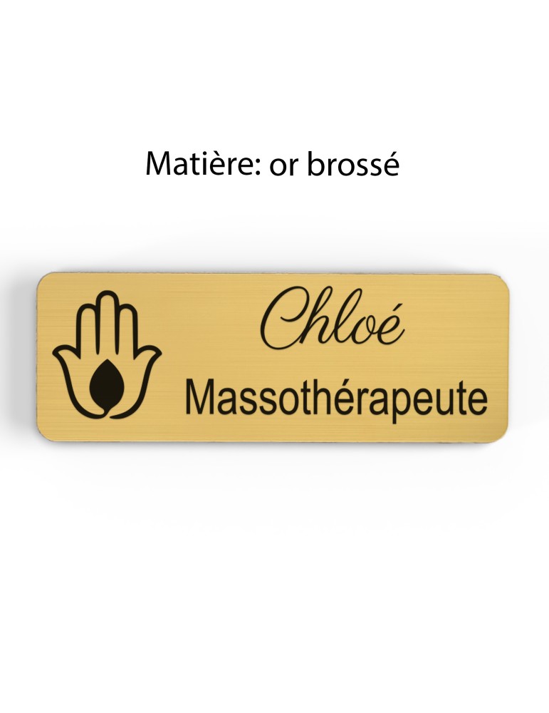 Badge personnalisé massothérapeute, motif massage et détente, finition or brossé