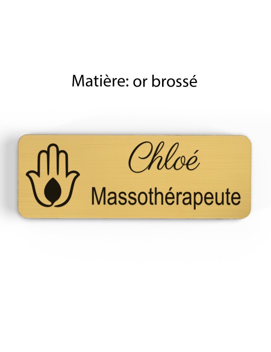 Badge personnalisé massothérapeute, motif massage et détente, finition or brossé