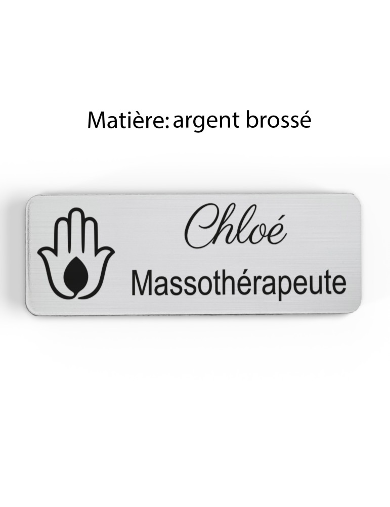 Badge personnalisé massothérapeute, motif massage et détente, finition argent brossé