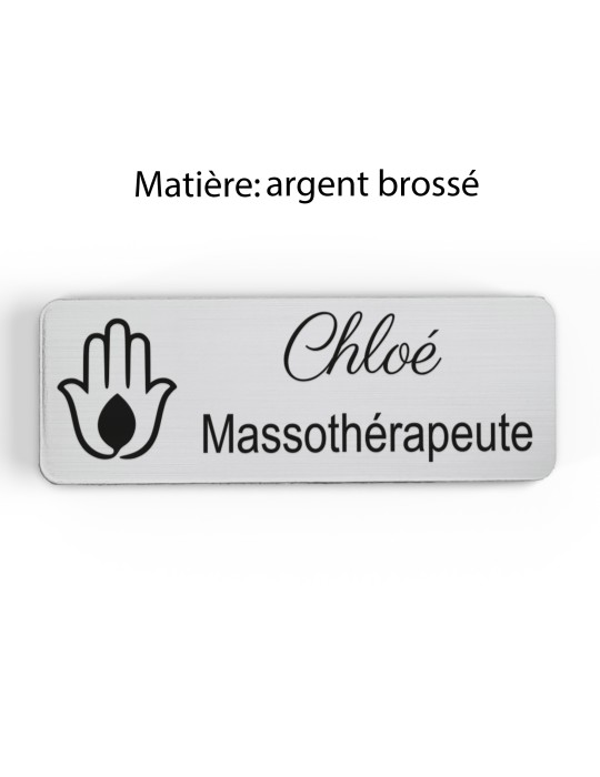 Badge personnalisé massothérapeute, motif massage et détente, finition argent brossé
