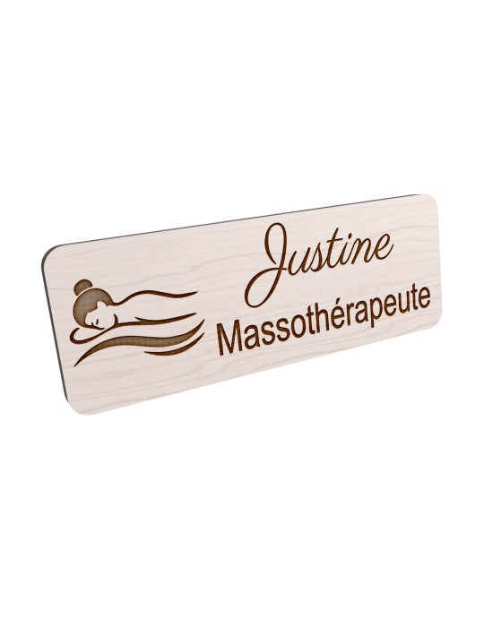 Badge personnalisé massothérapeute, motif massage et détente, vue en biais