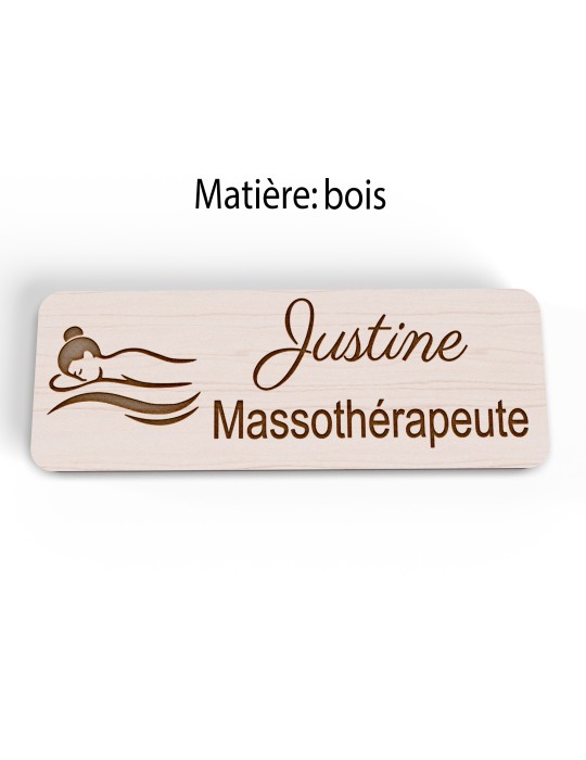 Badge personnalisé massothérapeute, motif massage et détente, version bois vue à plat