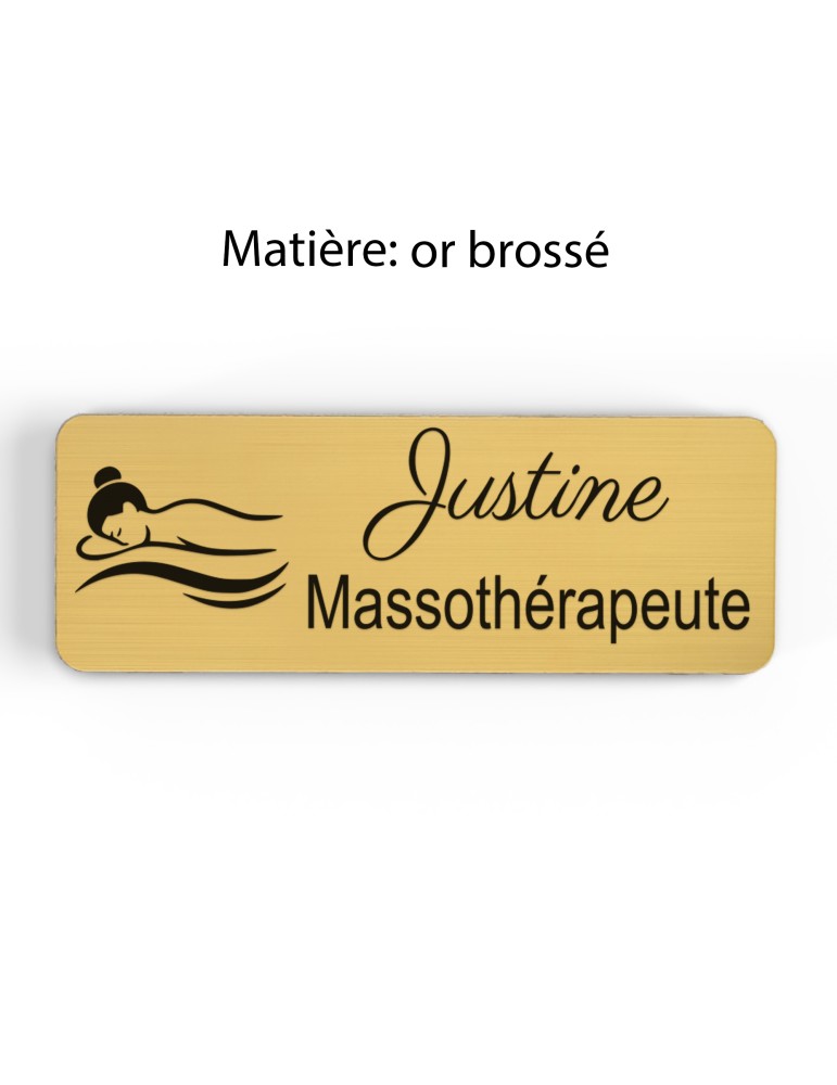 Badge personnalisé massothérapeute, motif massage et détente, finition or brossé
