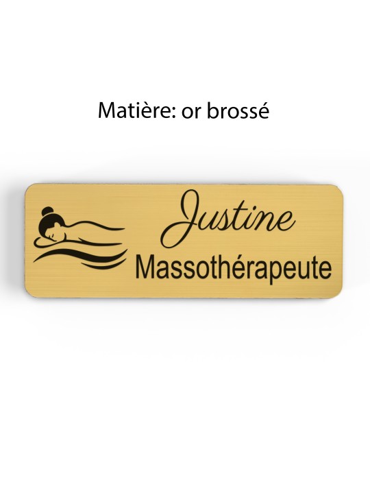 Badge personnalisé massothérapeute, motif massage et détente, finition or brossé