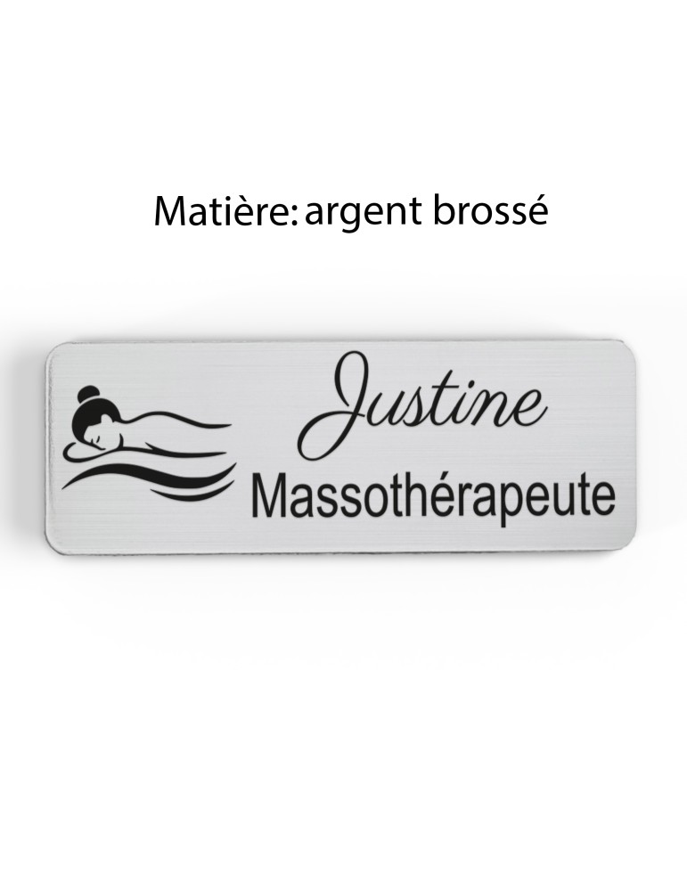 Badge personnalisé massothérapeute, motif massage et détente, finition argent brossé