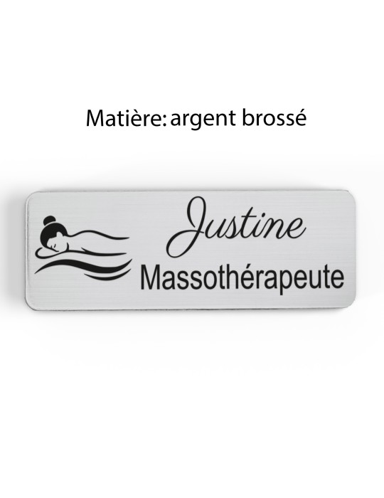 Badge personnalisé massothérapeute, motif massage et détente, finition argent brossé