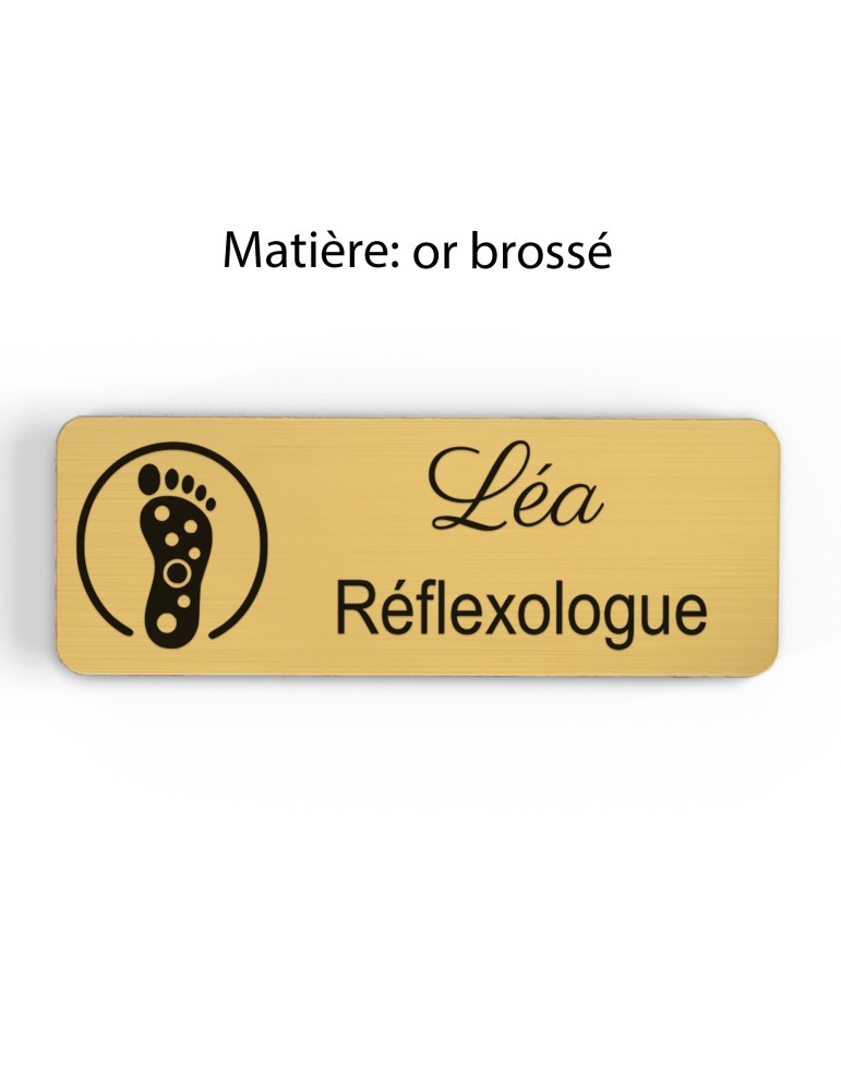 Badge personnalisé réflexologue, motif réflexologie plantaire et palmaire, finition or brossé