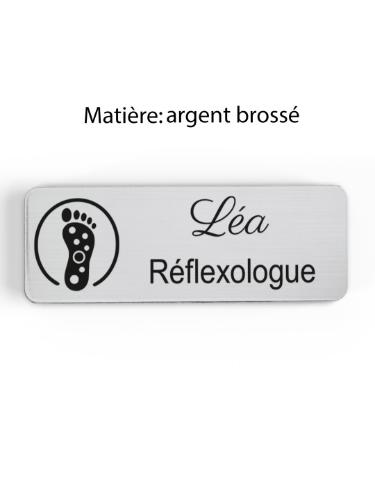 Badge personnalisé réflexologue, motif réflexologie plantaire et palmaire, finition argent brossé