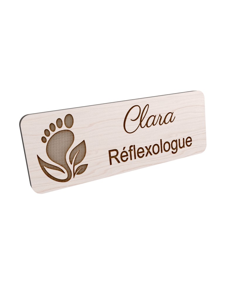 Badge personnalisé réflexologue, motif réflexologie plantaire et palmaire, vue en biais