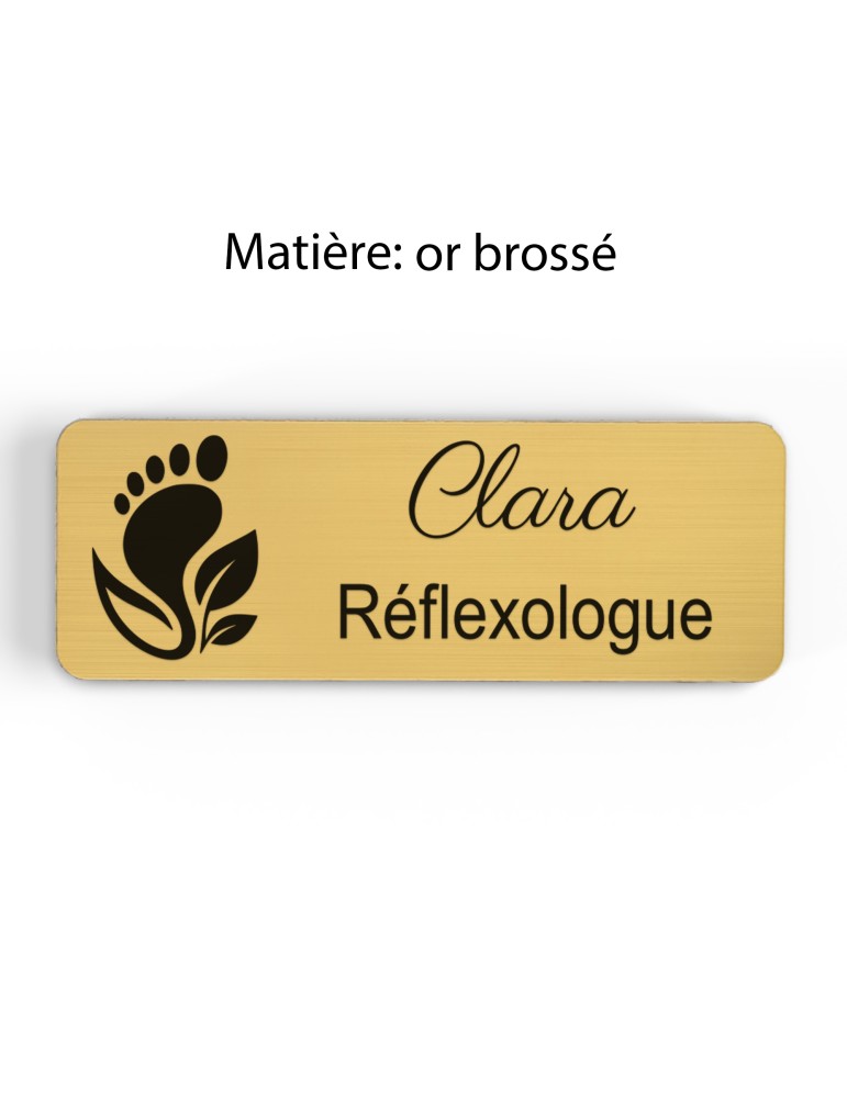 Badge personnalisé réflexologue, motif réflexologie plantaire et palmaire, finition or brossé