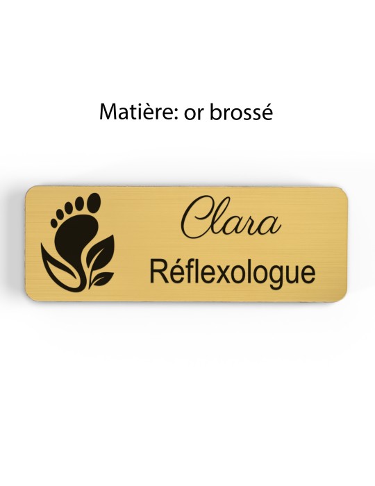 Badge personnalisé réflexologue, motif réflexologie plantaire et palmaire, finition or brossé