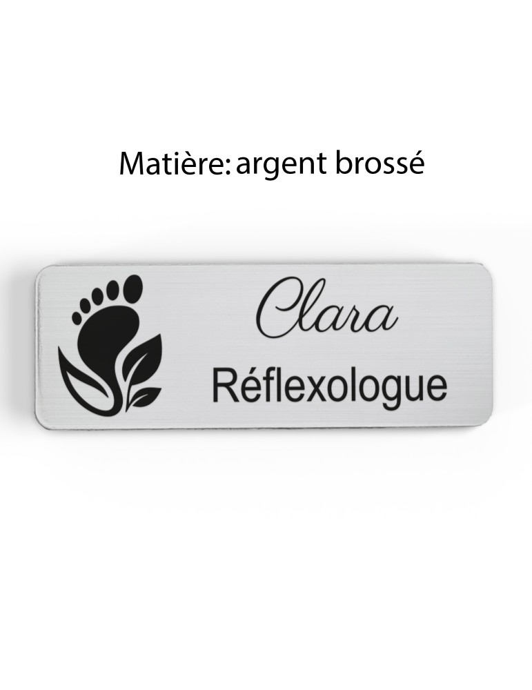 Badge personnalisé réflexologue, motif réflexologie plantaire et palmaire, finition argent brossé