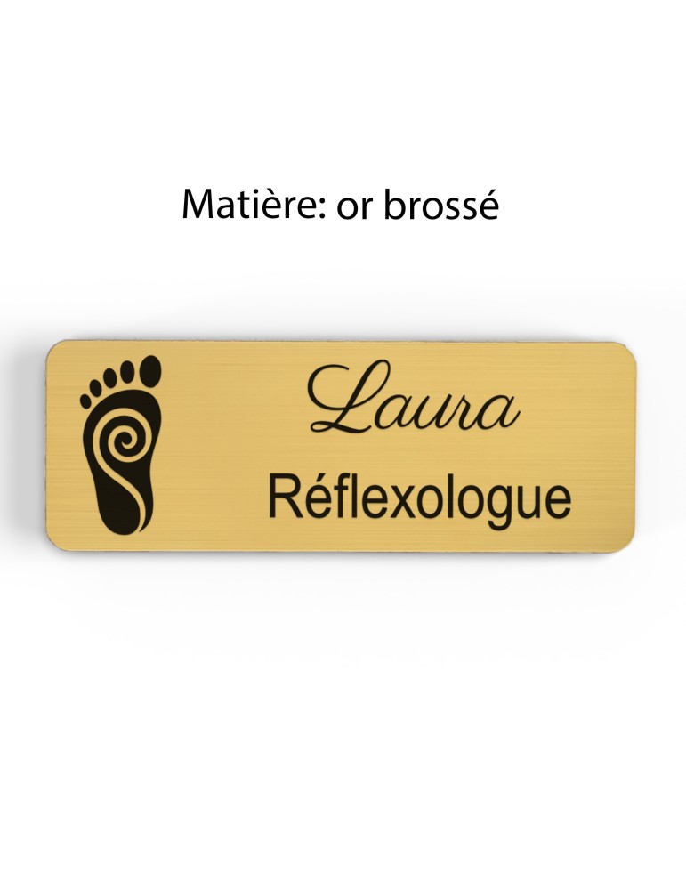 Badge personnalisé réflexologue, motif réflexologie plantaire et palmaire, finition or brossé