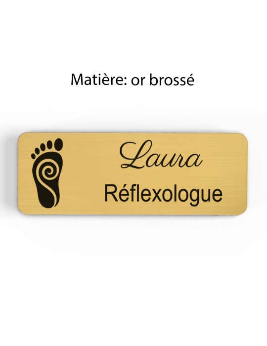 Badge personnalisé réflexologue, motif réflexologie plantaire et palmaire, finition or brossé