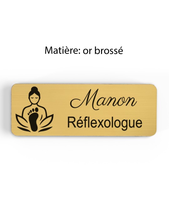 Badge personnalisé réflexologue, motif réflexologie plantaire et palmaire, finition or brossé
