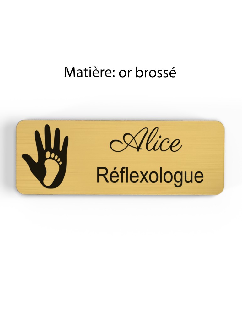 Badge personnalisé réflexologue, motif réflexologie plantaire et palmaire, finition or brossé