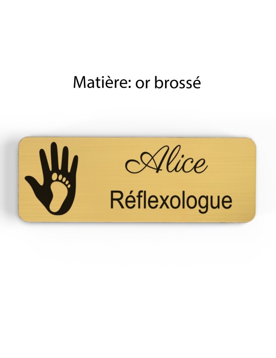 Badge personnalisé réflexologue, motif réflexologie plantaire et palmaire, finition or brossé