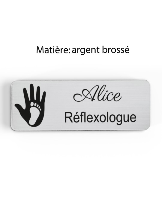 Badge personnalisé réflexologue, motif réflexologie plantaire et palmaire, finition argent brossé
