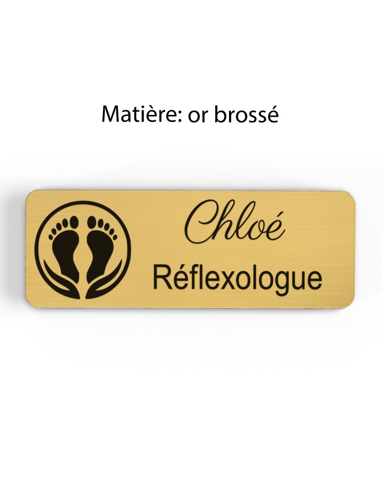 Badge personnalisé réflexologue, motif réflexologie plantaire et palmaire, finition or brossé