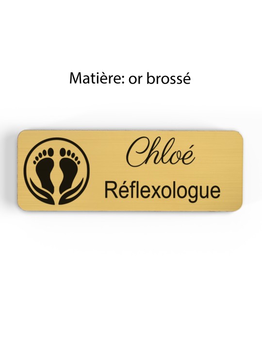 Badge personnalisé réflexologue, motif réflexologie plantaire et palmaire, finition or brossé