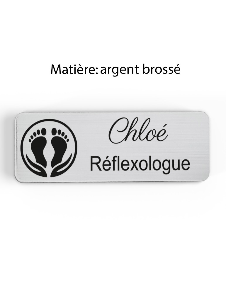 Badge personnalisé réflexologue, motif réflexologie plantaire et palmaire, finition argent brossé