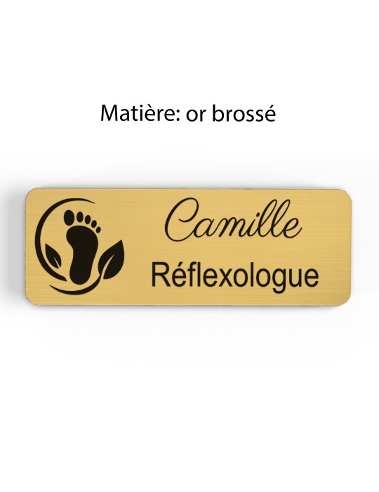 Badge personnalisé réflexologue, motif réflexologie plantaire et palmaire, finition or brossé