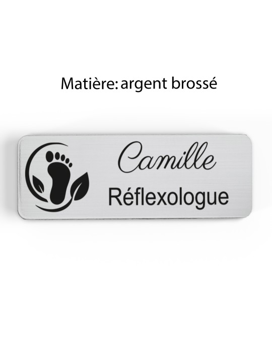 Badge personnalisé réflexologue, motif réflexologie plantaire et palmaire, finition argent brossé