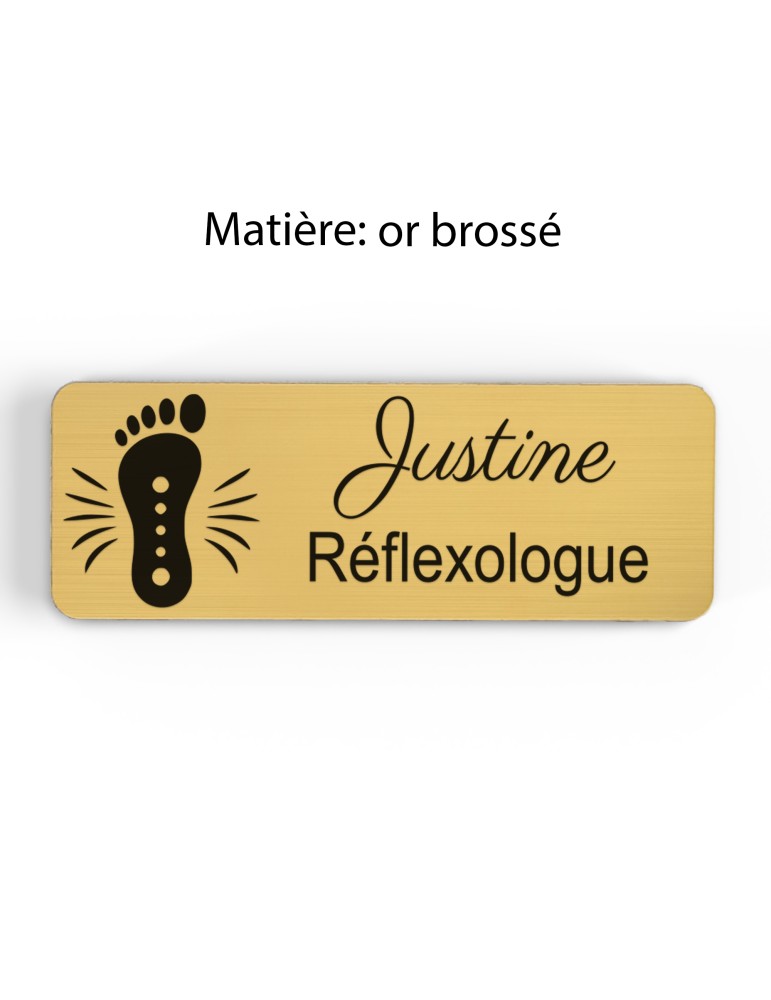 Badge personnalisé réflexologue, motif réflexologie plantaire et palmaire, finition or brossé