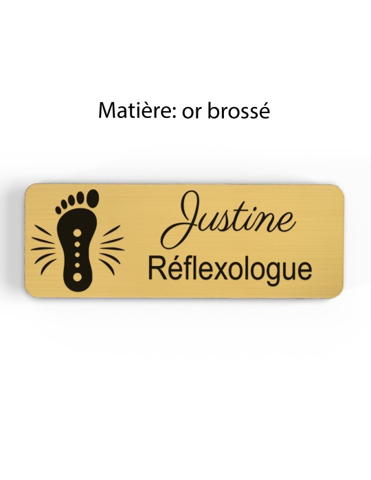 Badge personnalisé réflexologue, motif réflexologie plantaire et palmaire, finition or brossé