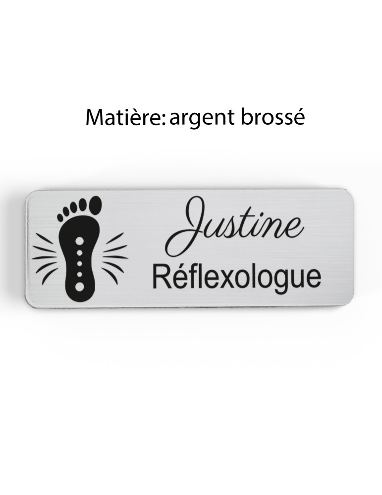 Badge personnalisé réflexologue, motif réflexologie plantaire et palmaire, finition argent brossé