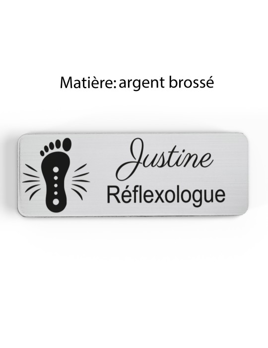 Badge personnalisé réflexologue, motif réflexologie plantaire et palmaire, finition argent brossé