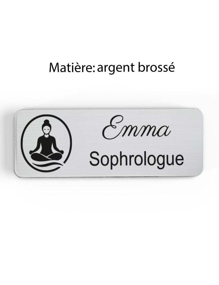 Badge personnalisé sophrologue, motif sophrologie et respiration, finition argent brossé