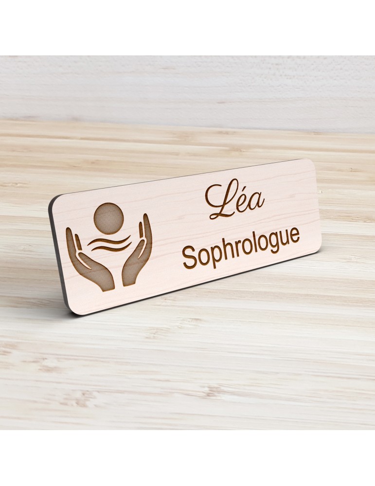 Badge personnalisé sophrologue, motif sophrologie et respiration, vue de présentation