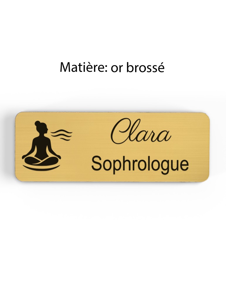 Badge personnalisé sophrologue, motif sophrologie et respiration, finition or brossé