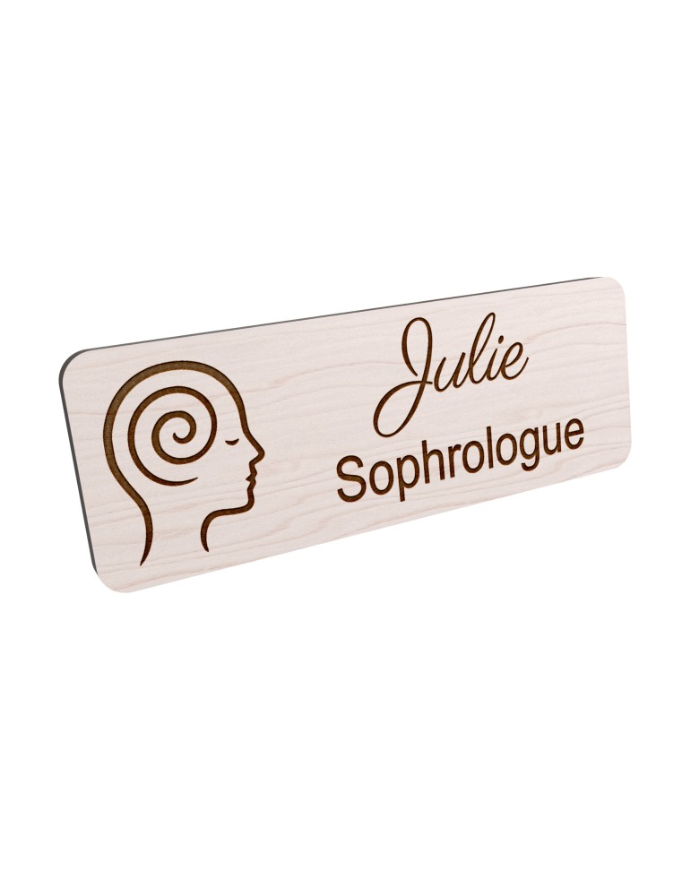 Badge personnalisé sophrologue, motif sophrologie et respiration, vue en biais
