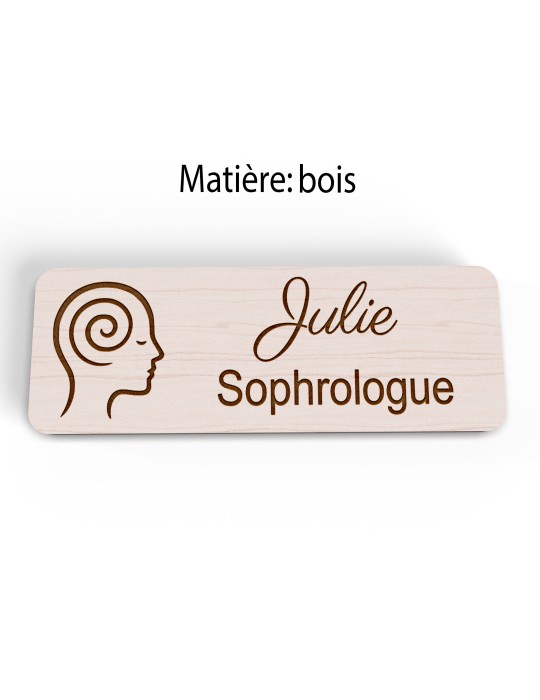Badge personnalisé sophrologue, motif sophrologie et respiration, version bois vue à plat