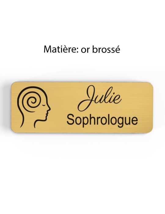 Badge personnalisé sophrologue, motif sophrologie et respiration, finition or brossé