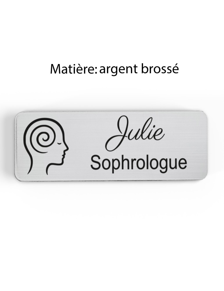Badge personnalisé sophrologue, motif sophrologie et respiration, finition argent brossé