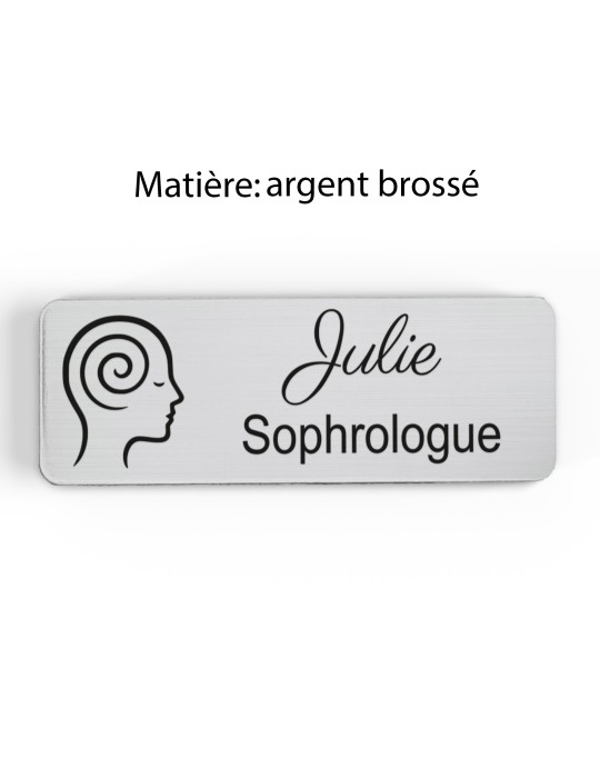 Badge personnalisé sophrologue, motif sophrologie et respiration, finition argent brossé