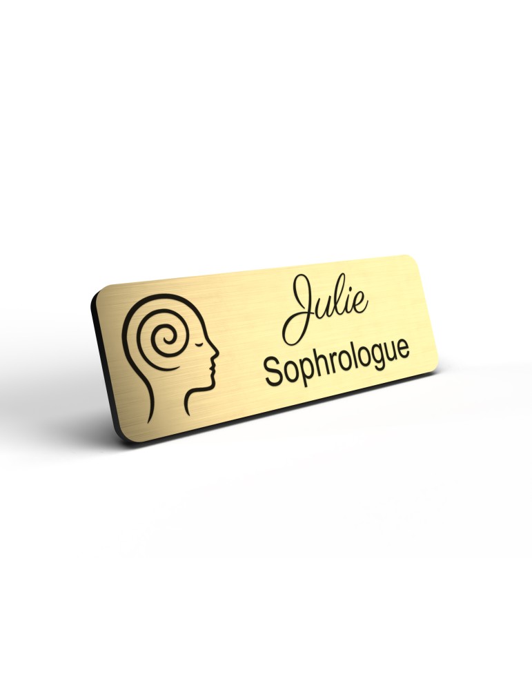Badge personnalisé sophrologue, motif sophrologie et respiration, détail de la finition or brossé