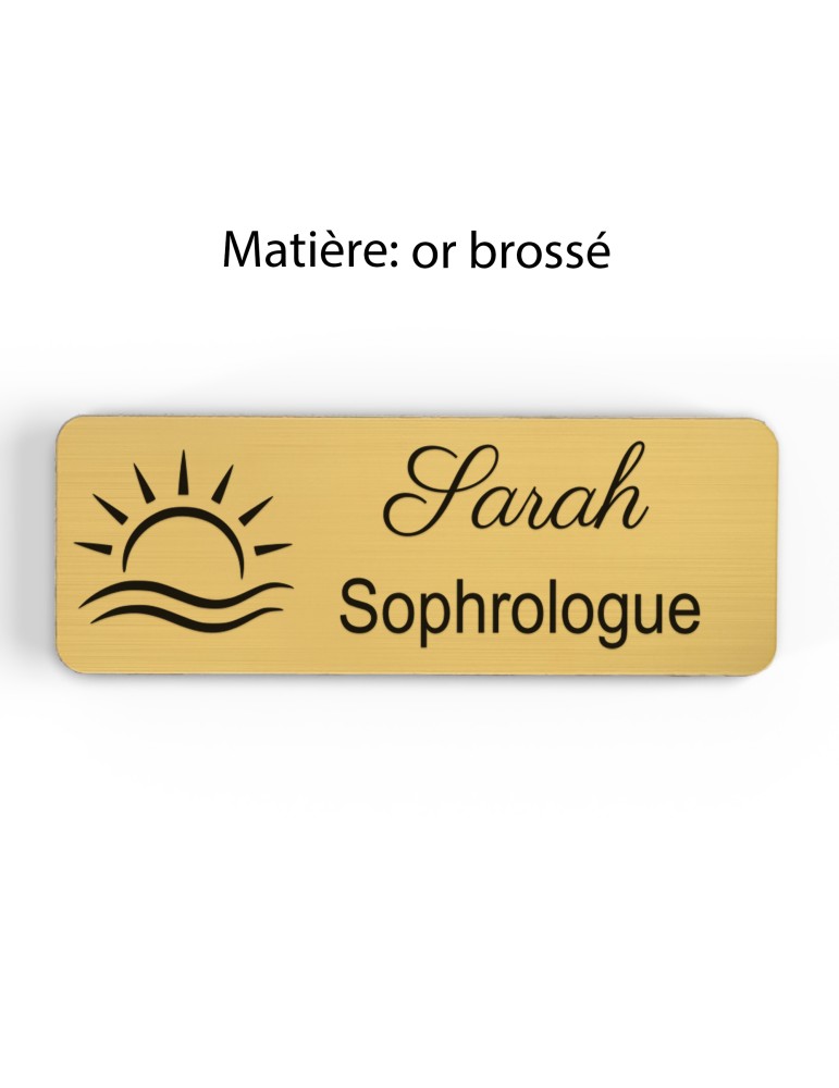 Badge personnalisé sophrologue, motif sophrologie et respiration, finition or brossé