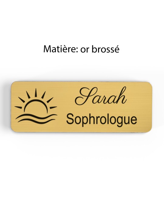 Badge personnalisé sophrologue, motif sophrologie et respiration, finition or brossé