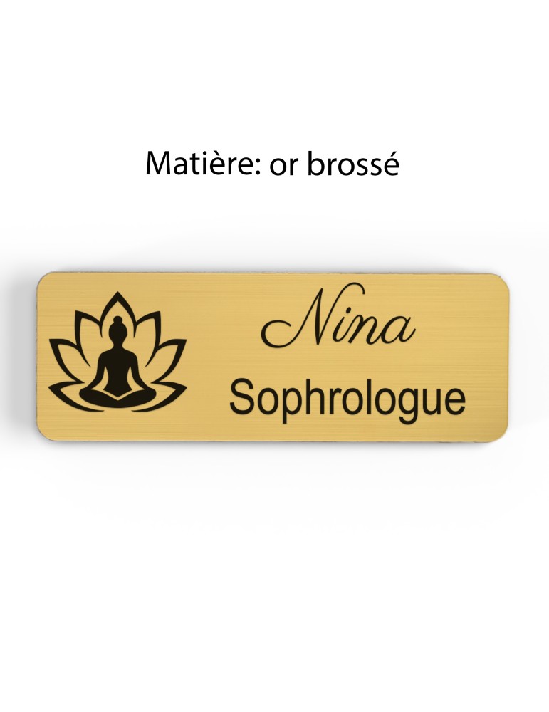 Badge personnalisé sophrologue, motif sophrologie et respiration, finition or brossé