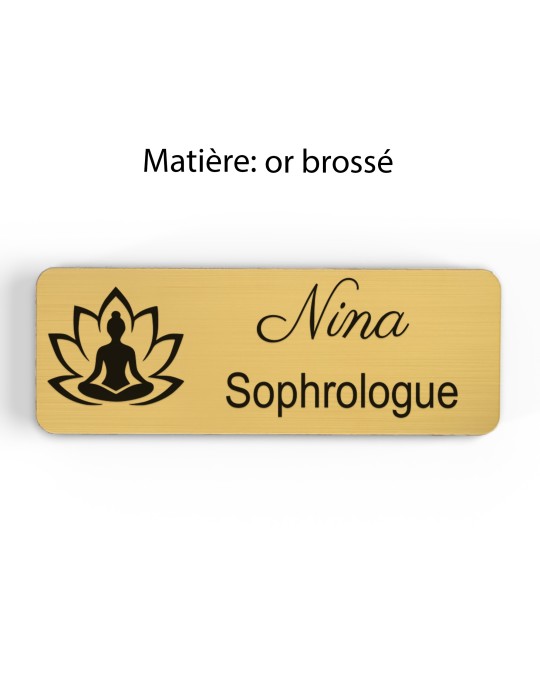 Badge personnalisé sophrologue, motif sophrologie et respiration, finition or brossé