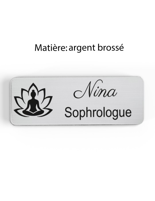 Badge personnalisé sophrologue, motif sophrologie et respiration, finition argent brossé