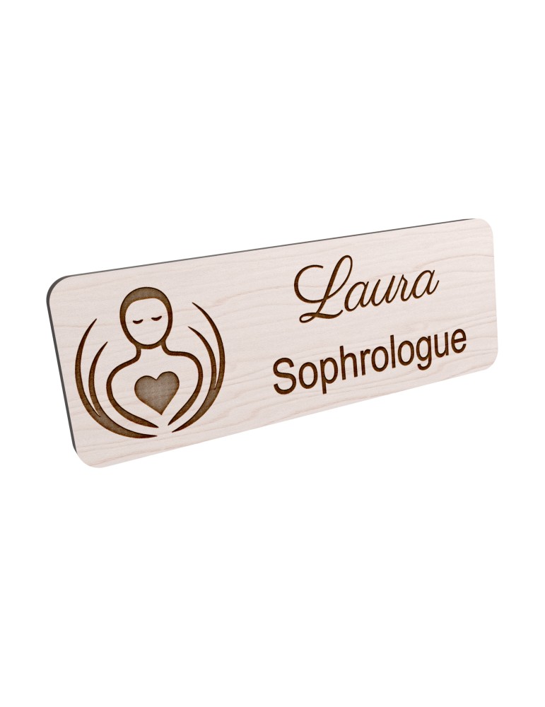 Badge personnalisé sophrologue, motif sophrologie et respiration, vue en biais