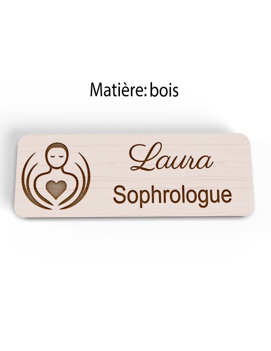 Badge personnalisé sophrologue, motif sophrologie et respiration, version bois vue à plat