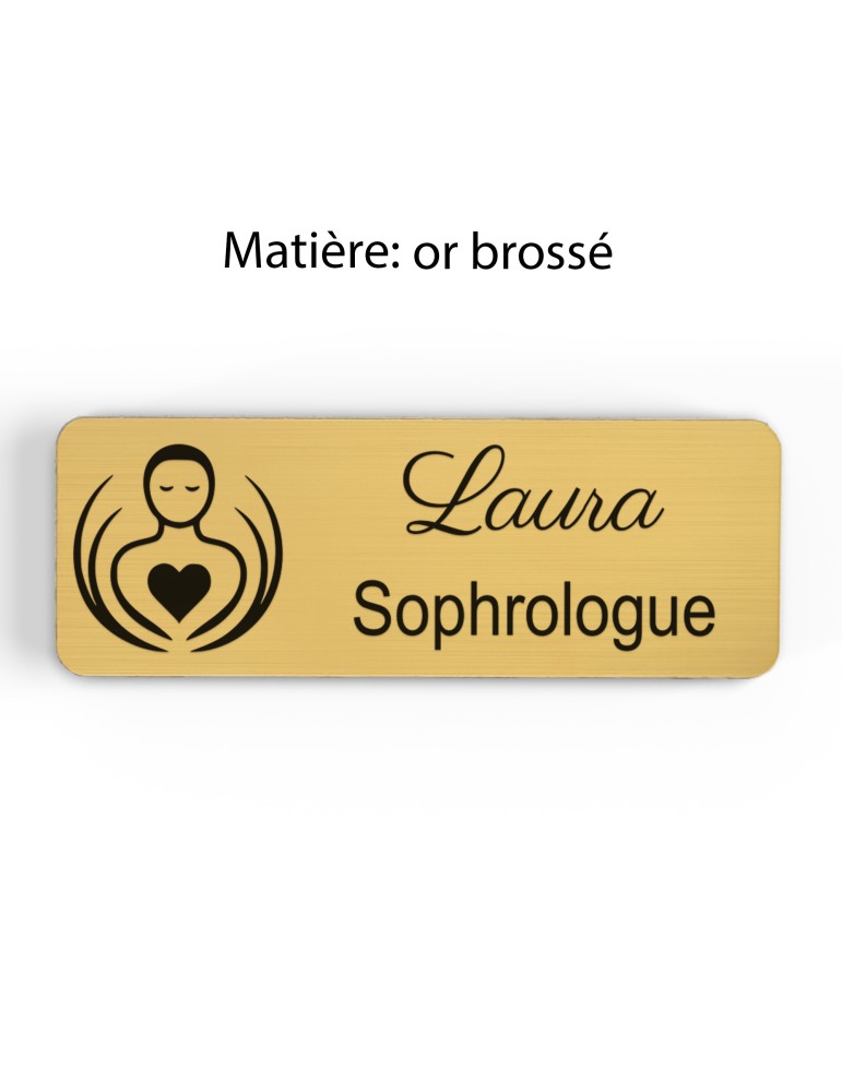 Badge personnalisé sophrologue, motif sophrologie et respiration, finition or brossé